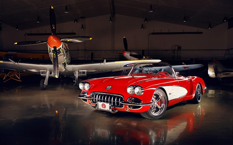 vintage corvette in a hanger with WWII fighters, convertibale, car, hanger, planes, vintage, HD wallpaper