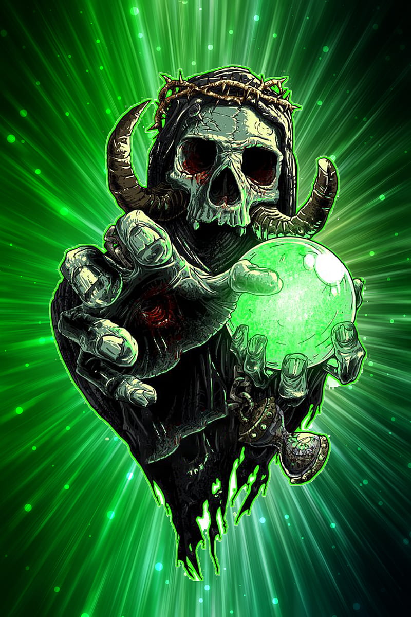 Green Demon, crystal ball, occult, skeleton, HD phone wallpaper