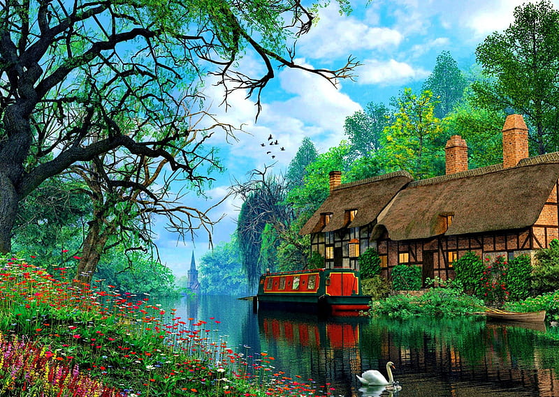 Countryside serenity, pretty, house, riverbank, shore, cottage, dusk, cabin, bonito, swan, clouds, nice, flowers, river, reflection, tranquility, lovely, sky, trees, serenity, summer, nature, HD wallpaper