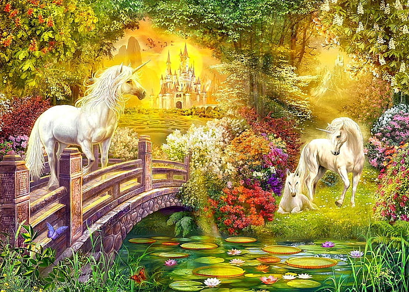Land of dreams, wonderful, splendid, bonito, magic, poetic, fantasy, splendor, bridge, filly, color, flowers, river, land, dream, lovely, romance, water lily, unicorn, colors, butterflies, beautiful place, horse, water, magical, lily, castle, HD wallpaper