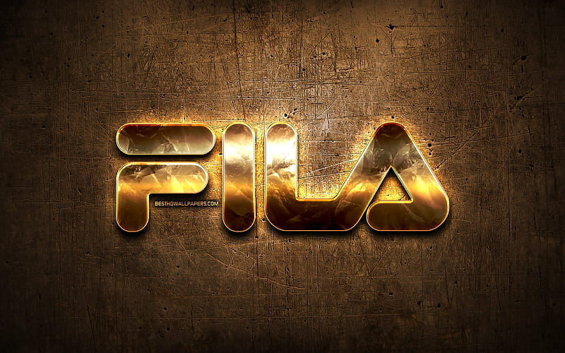 Fila golden logo, sports brands, artwork, brown metal background, creative, Fila logo, brands, Fila, HD wallpaper