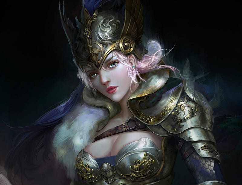Warrior girl, armor, frumusete, warrior, huisu, fantasy, luminos, girl, hui su, HD wallpaper