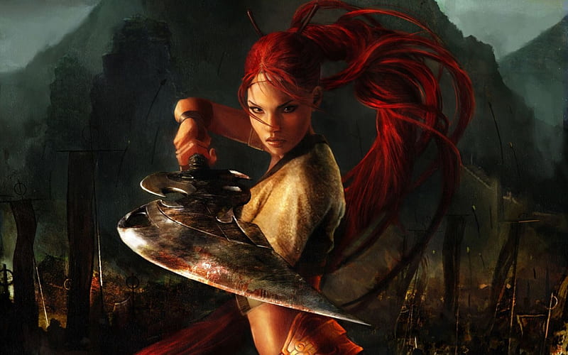 Heavenly Sword, babe, action, redhead, game, sword, HD wallpaper