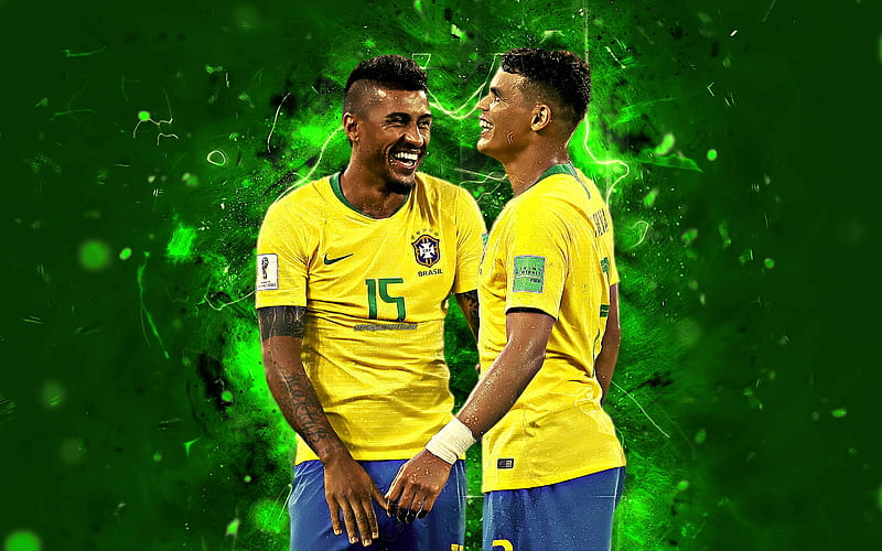 Thiago Silva, Paulinho, Brazil National Team, football, soccer, Silva, neon lights, Brazilian football team, HD wallpaper