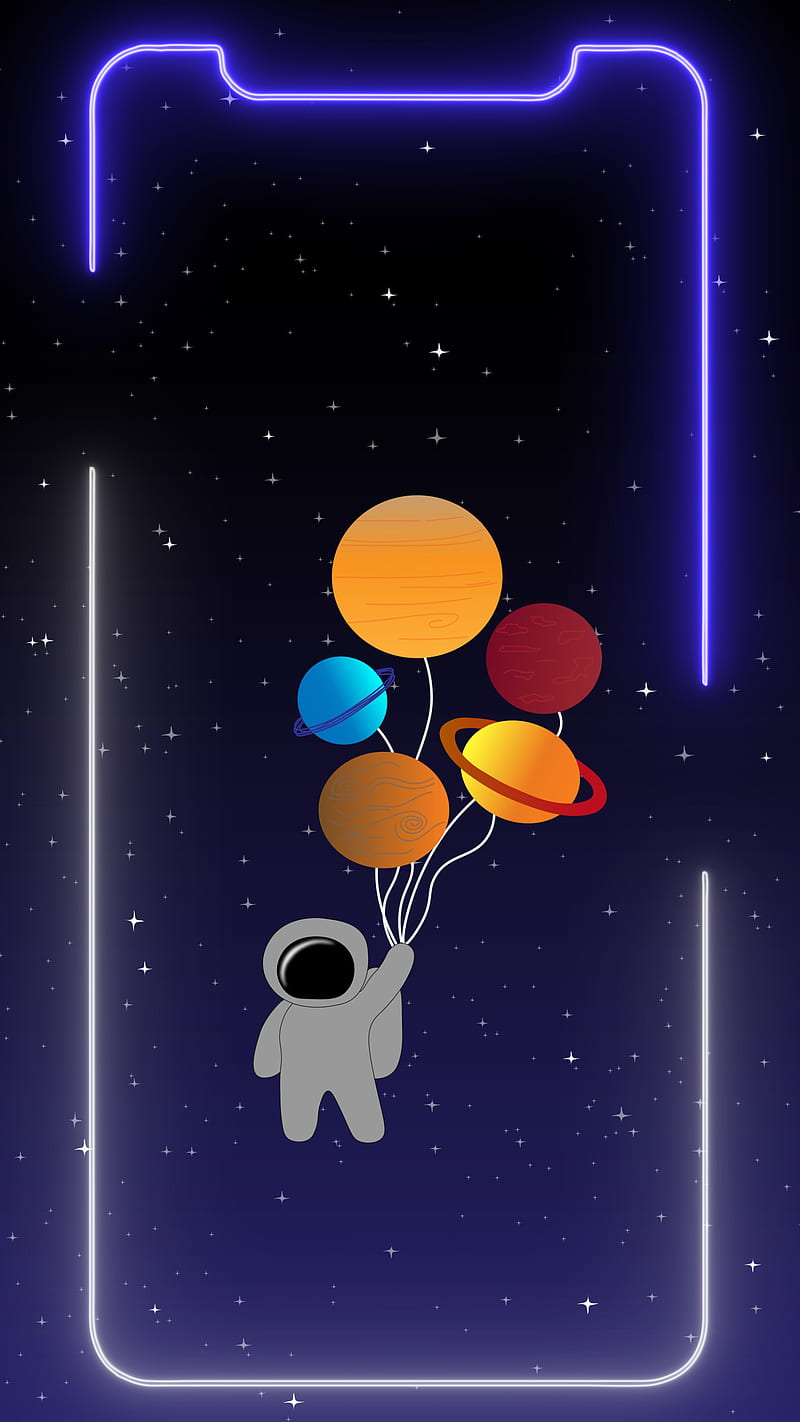 Astronaut Planet Frame, amoled oled black background, art drawing design, cute cosmos, frame frames glowing neon boarder line popular trending new iphone apple high quality live border notch, planet planets, solar system, space man, stars, HD phone wallpaper