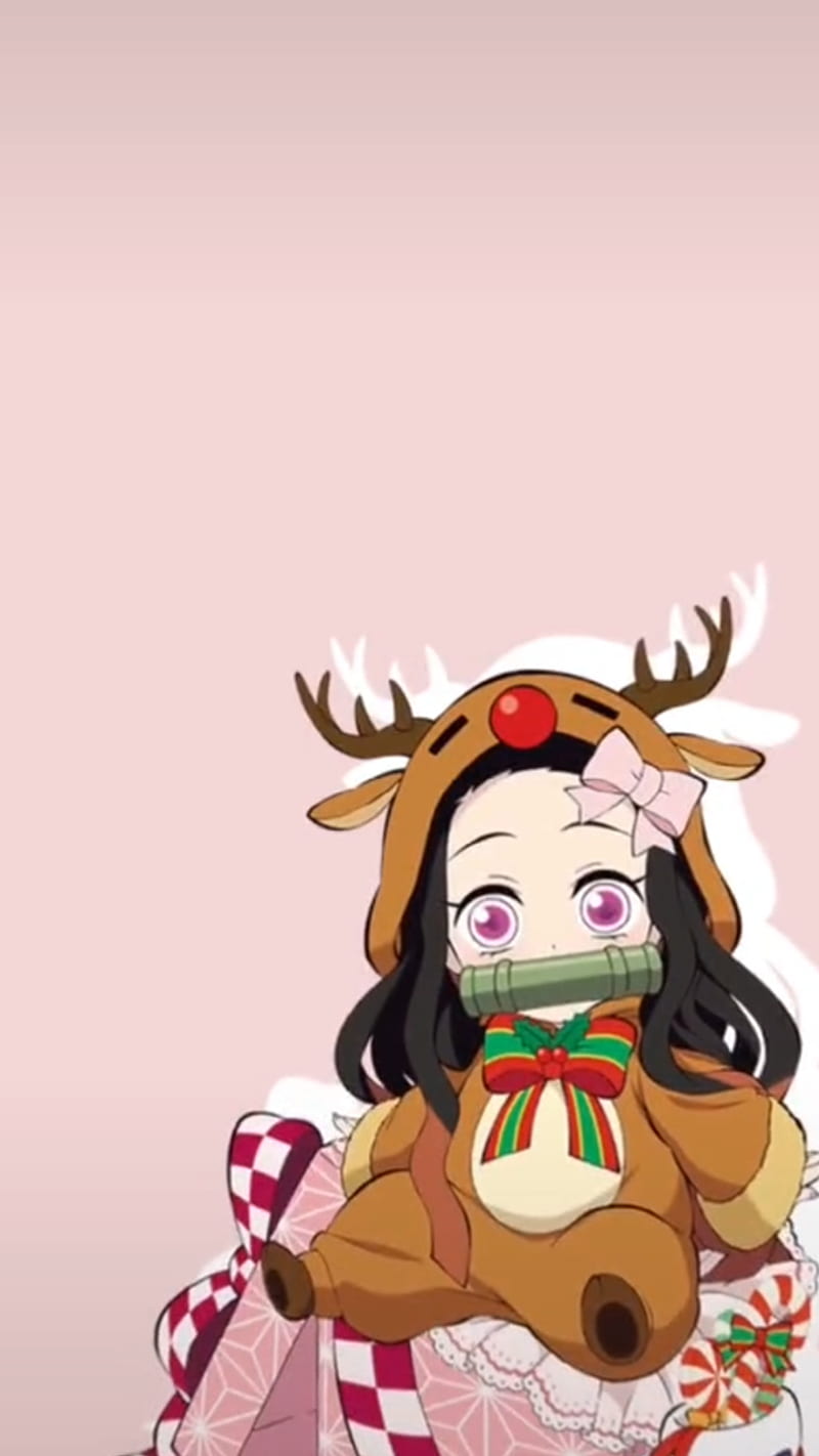 Nezuko Christmas, anime, christmas, deer, nezuko chan, present, HD phone wallpaper