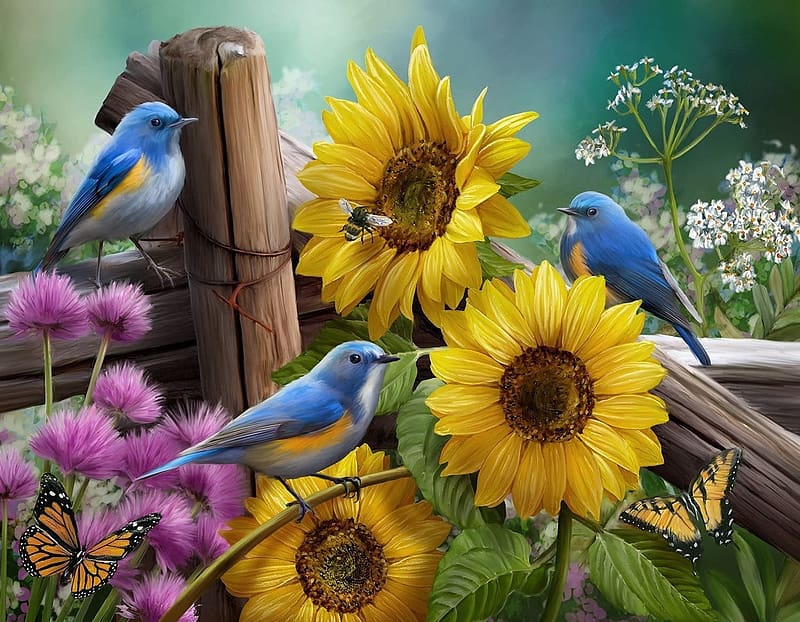 Sunflowers garden, Wild flowers, Butterfly, Blue birds, Painting, Butterflies, Bee, HD wallpaper