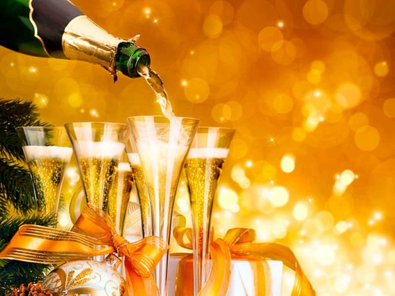 Happy New Year, globe, golden, celebration, glasses, abstract, joy, year, happy, champagne bottle, new, other, HD wallpaper