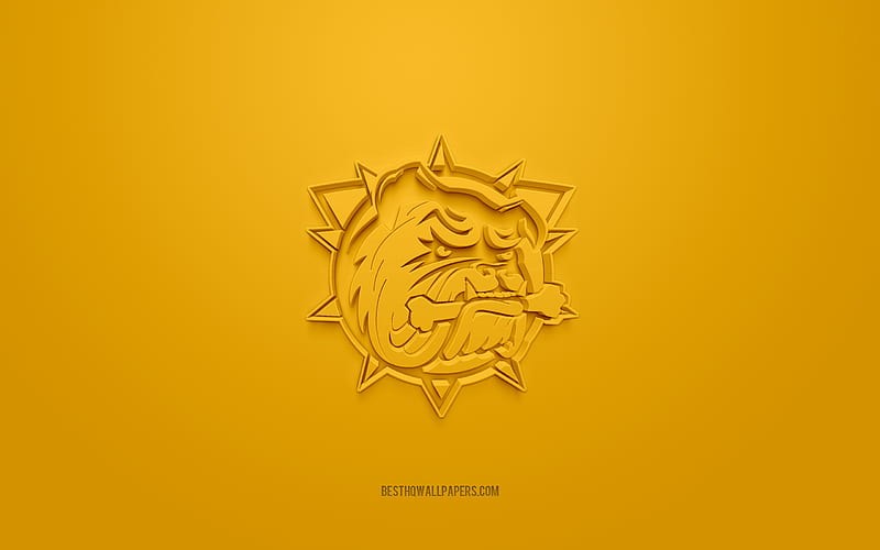 Hamilton Bulldogs, creative 3D logo, yellow background, OHL, 3d emblem, Canadian Hockey Team, Ontario Hockey League, Hamilton, Canada, 3d art, hockey, Hamilton Bulldogs 3d logo, HD wallpaper