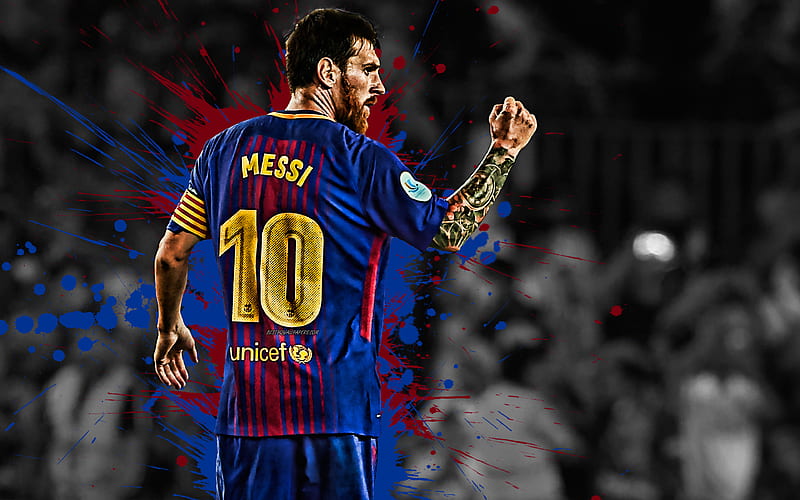 Lionel Messi Argentinian football player, FC Barcelona, striker, blue violet paint splashes, creative art, La Liga, Spain, Catalonia, football star, football, grunge, Messi, HD wallpaper