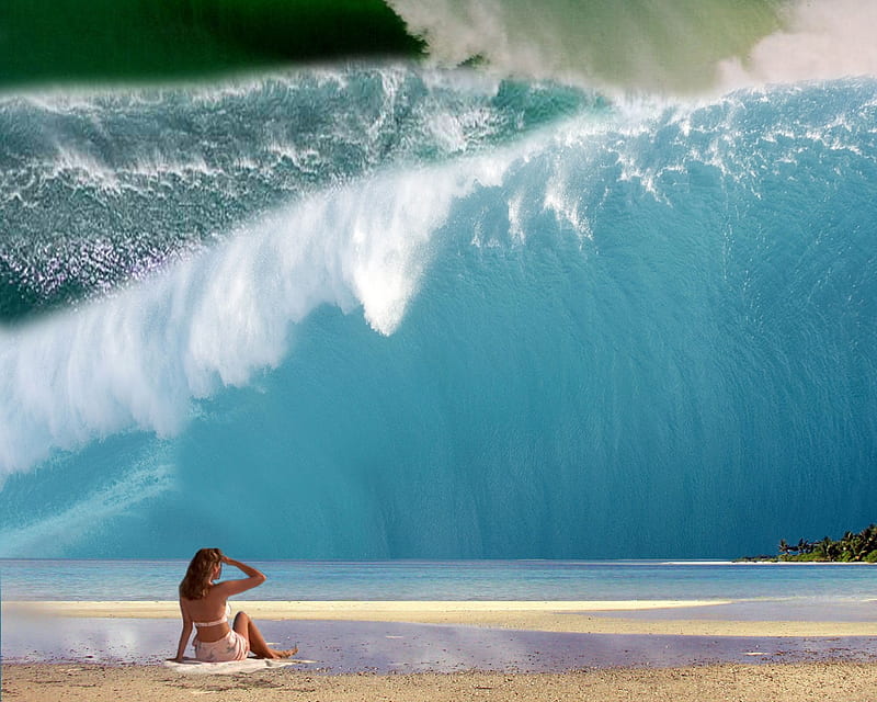 Tsunami, beach, women, bikini, ocean, HD wallpaper