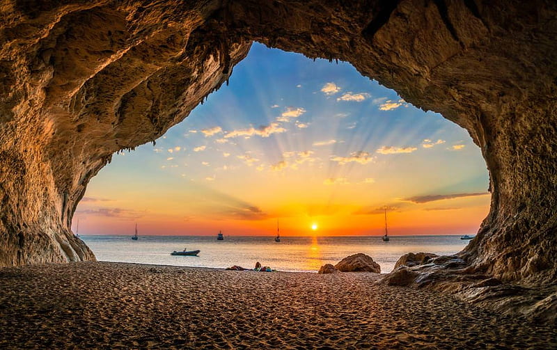 cave sunset, beach, cool, ocean, nature, sunset, fun, HD wallpaper
