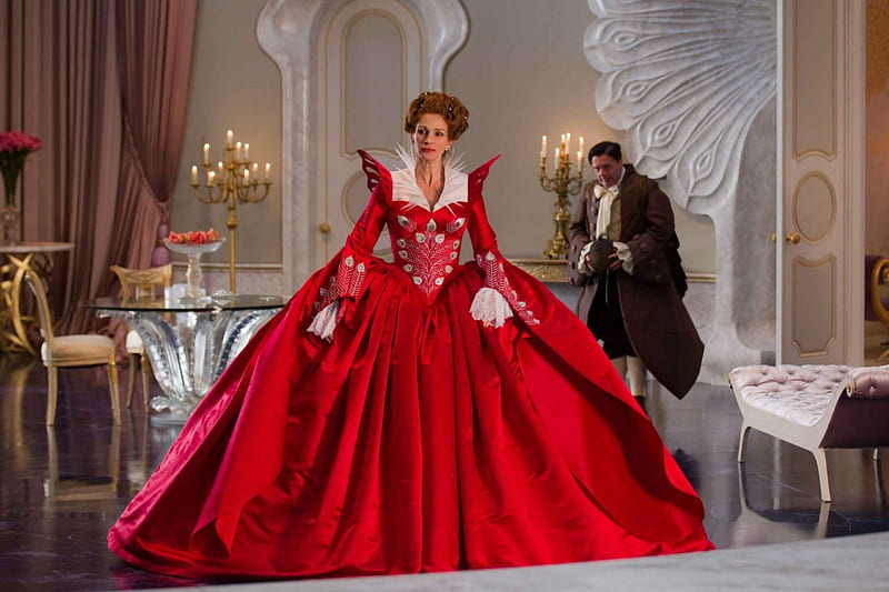 Mirror mirror, red dress, movie, julia roberts, queen, woman, girl, actress, castle, HD wallpaper