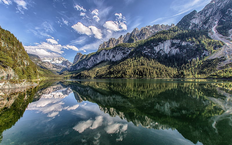 austria, alps, lake, reflection, clouds, mountains, gosau, Landscape, HD wallpaper