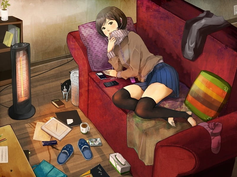 Resting, blush, sleeping, bed, cute, short hair, kawaii, messy, anime, couch, anime girl, dog, HD wallpaper