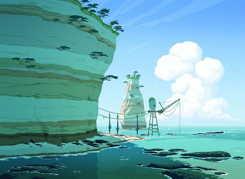 sample, anime, sky, sea, landscape, HD wallpaper