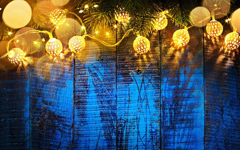 Happy New Year, flashlights, wooden background, Merry Christmas, Xmas, blue background, fir branches, HD wallpaper