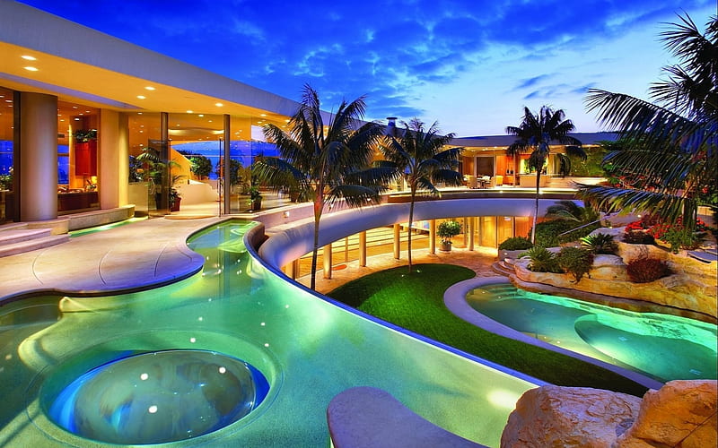 Tropical, Building, Palm, beach, Pool, Luxury, Tree, House, Resort, HD wallpaper