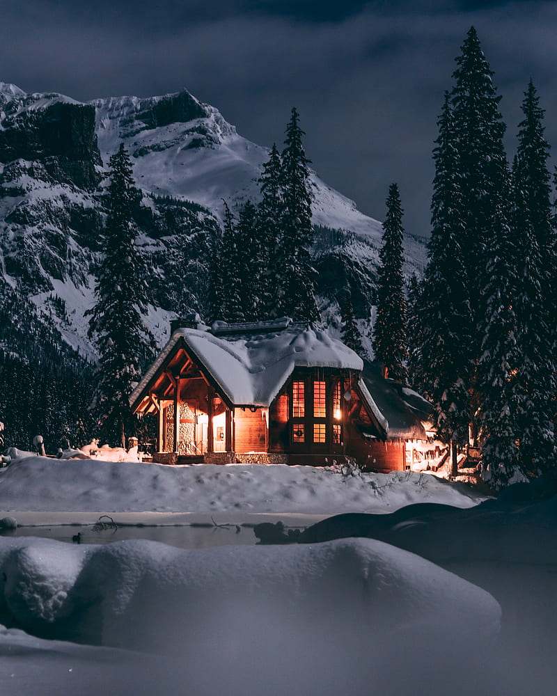 house, winter, snow, night, trees, HD phone wallpaper