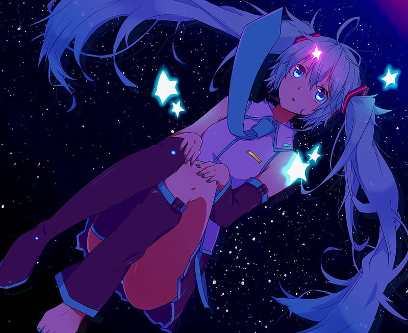 miku and stars, vocaloid, miku, piggy-tails, blue, HD wallpaper