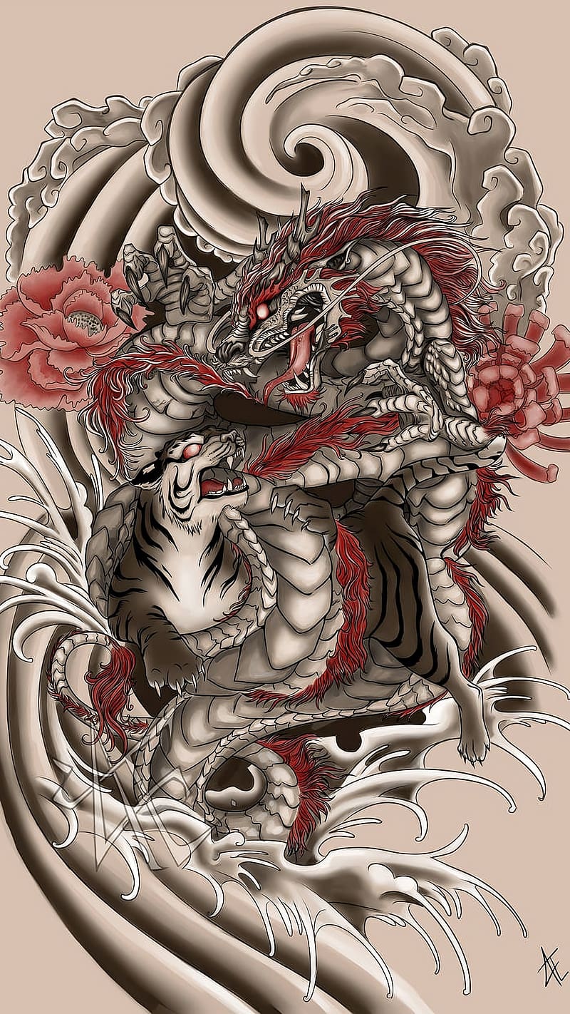 Dragon Versus Tiger Black And White Tattoo Stock Illustration - Download  Image Now - Tiger, Dragon, Chinese Culture - iStock