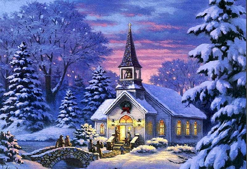 Country Church in Winter, trees, painting, sunset, snow, sky, HD ...