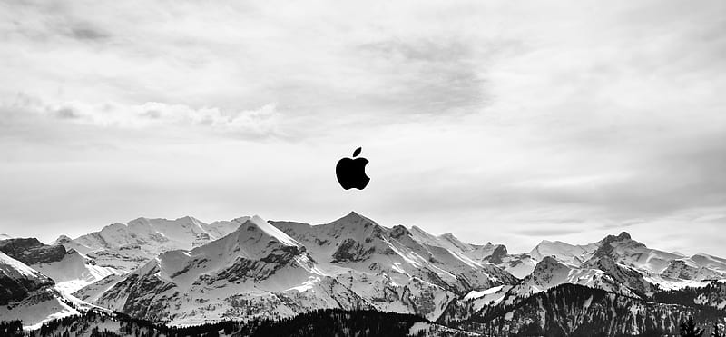 Snow Mountains Apple Logo , apple, logo, computer, nature, mountains, snow, winter, monochrome, black-and-white, HD wallpaper