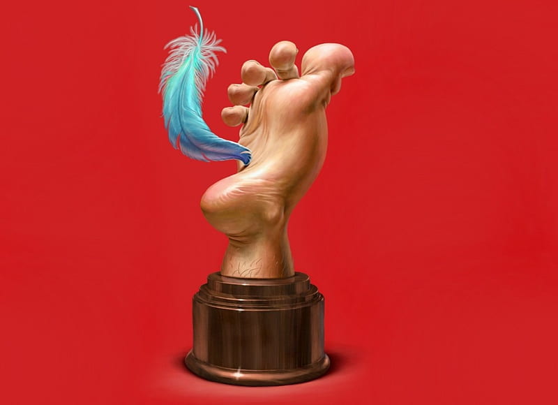 Tickles trophy, red, luminos, trophy, tickles, oscar ramos, feather, child, funny, foot, blue, HD wallpaper