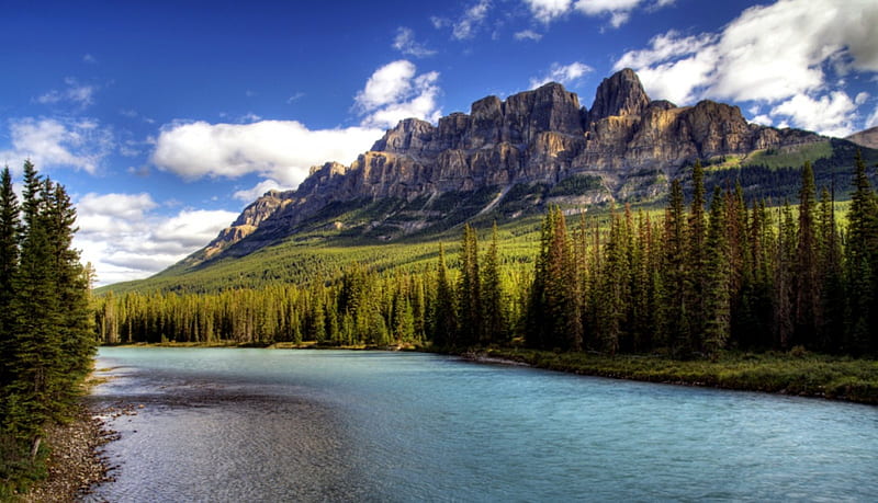 Castle Mountain, Canada, forest, Rocky Mountains, river, bonito, Banff National Park, clouds, HD wallpaper