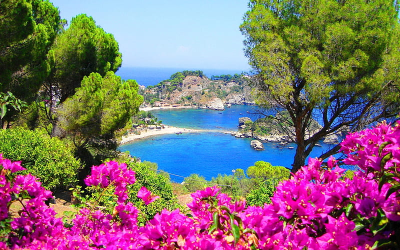 Coast of Sicily, Italy, Coast, Sea, Italy, Oceans, Spring, Flowers, Nature, HD wallpaper