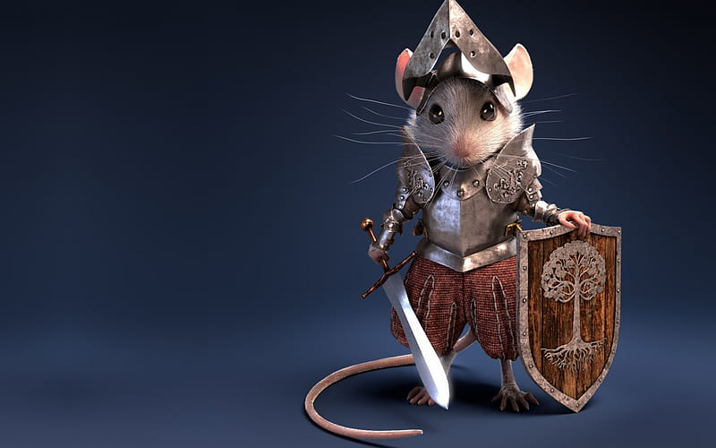 Knight mouse, luminos, shield, cute, fantasy, helmet, mouse, antonio ferrer, rodent, sword, knight, HD wallpaper