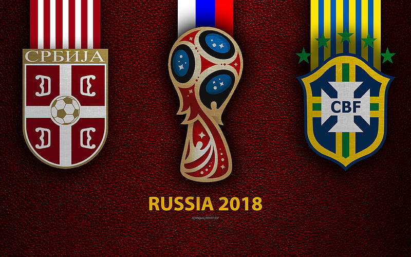 Serbia vs Brazil Group E, football, 27 June 2018, logos, 2018 FIFA World Cup, Russia 2018, burgundy leather texture, Russia 2018 logo, cup, Brazil, Serbia, national teams, football match, HD wallpaper