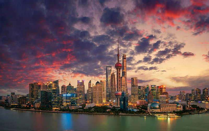 Shanghai, panorama, metropolis, modern buildings, sunset, skyscrapers, China, Asia, Shanghai in evening, HD wallpaper