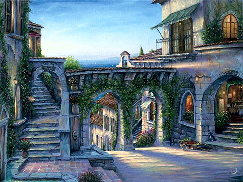 Mediterranean Arches, house, paint, sunlight, stairs, artwork, HD wallpaper