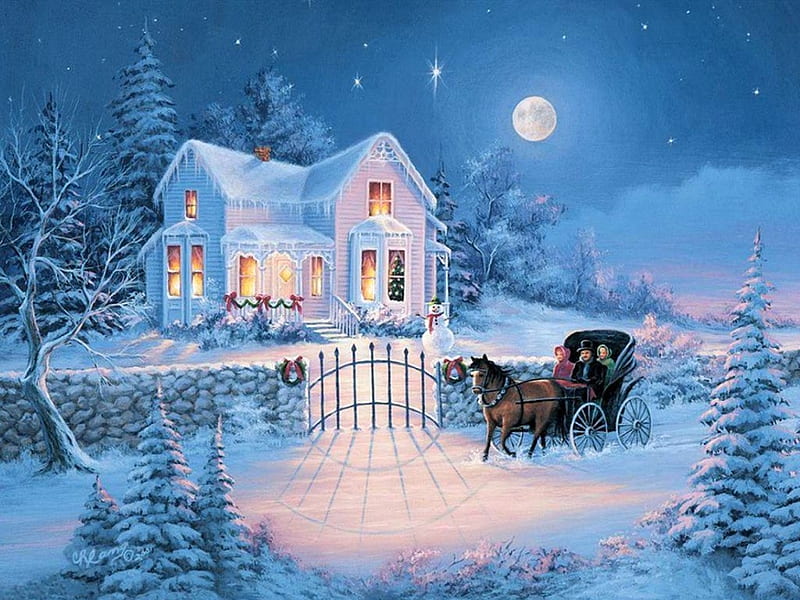 Victorian Christmas, fence, family, house, horse, coach, artwork, winter, moon, snow, painting, HD wallpaper