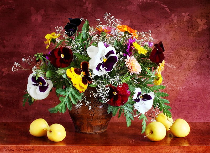 Still life, table, colorful, arrangements, apples, spring flowers, various flowers, vase, bonito, spring, joy, fruit, nice, flower, color, nature, HD wallpaper