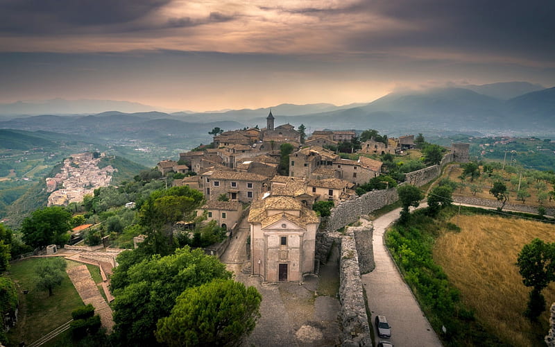 Arpino, Lazio, Frosinone, italian old town, basilica, evening, sunset, Italy, HD wallpaper
