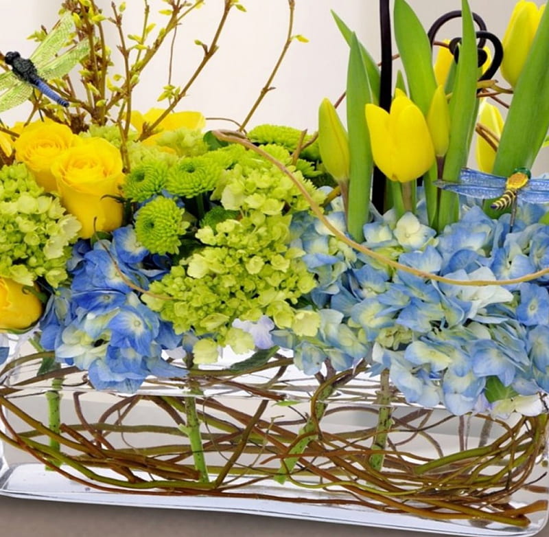 Beautiful Flowers, ornaments, yellow, vase, spring, water, dragonflies, flower arrangements, flowers, tulips, blue, HD wallpaper
