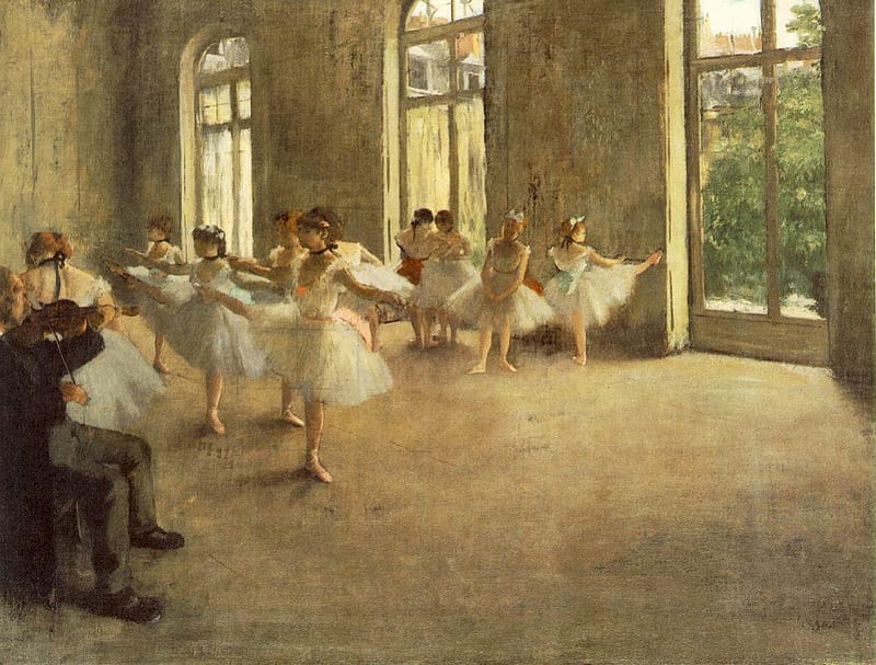 Edgar Degas ~ Ballet Dancers, art, ballet dancers, school, tree, girl, green, people, painting, edgar degas, salon, HD wallpaper