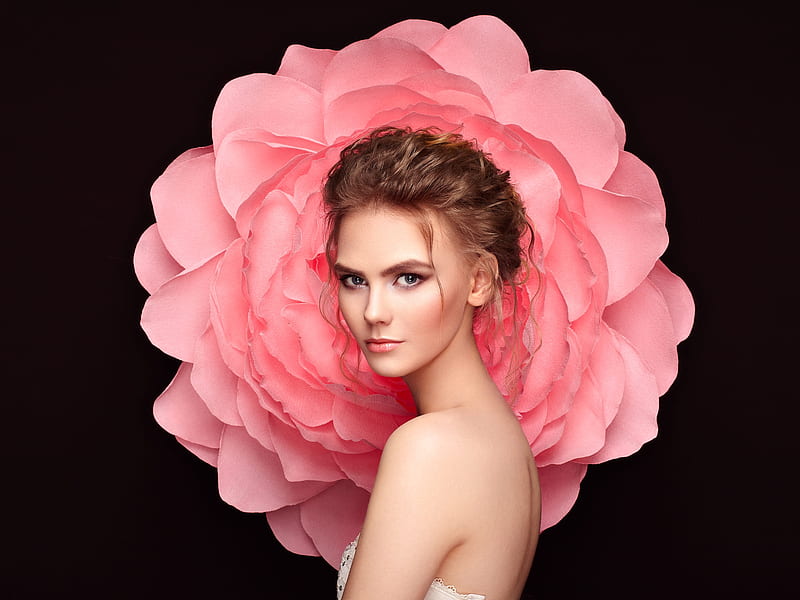 Beauty, girl, model, rose, flower, oleg gekman, black, woman, pink, HD wallpaper