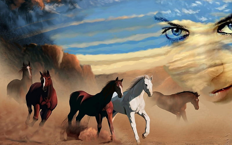 Cowgirl's Herd, art, female, desert, models, fun, abstract, women, horses, fantasy, 3D, cowgirls, girls, western, style, HD wallpaper