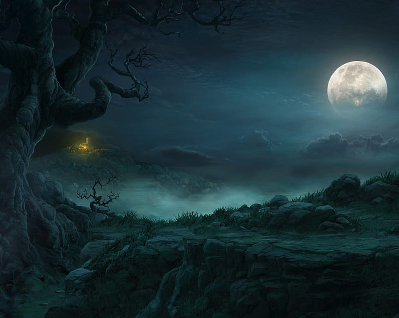 Mystery Night, dark, moon, night, tree, HD wallpaper