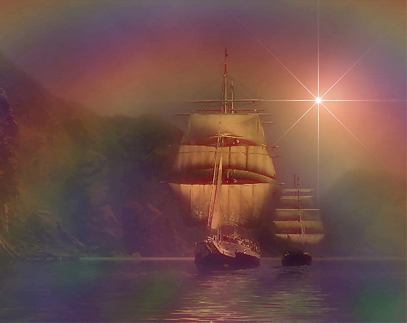 Night Crossing, wooden ship, fantasy, bonito, landscape, HD wallpaper
