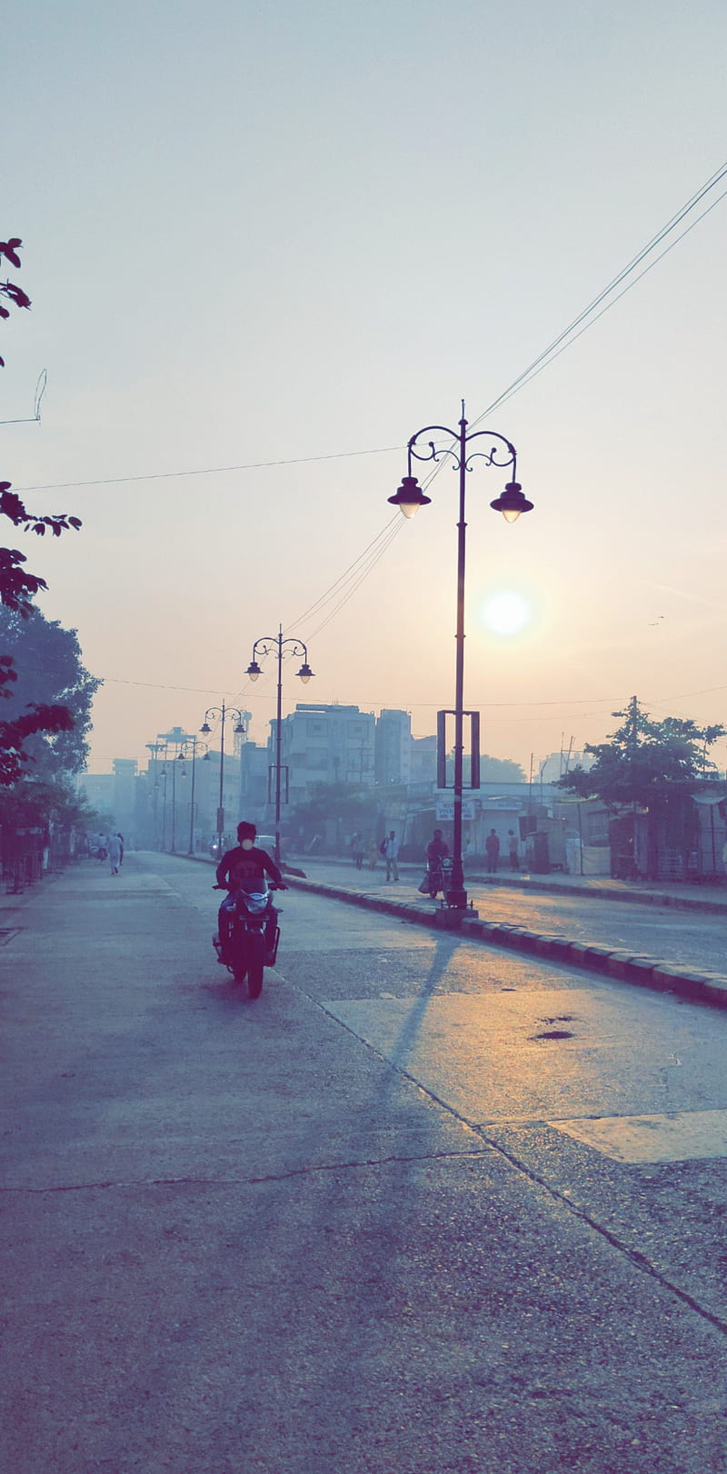 morning Sunrise, india, lamp, morning, street, sun, sunrise, HD phone wallpaper