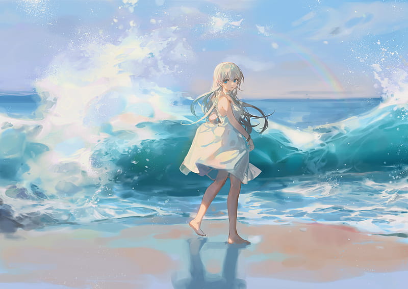 anime girl, seascape, beach, walking, waves, rainbow, Anime, HD wallpaper
