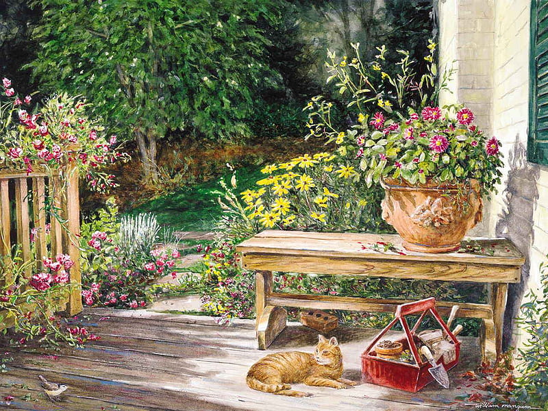 summer blooms, table, house, porch, cat, trees, flowerpots, HD wallpaper