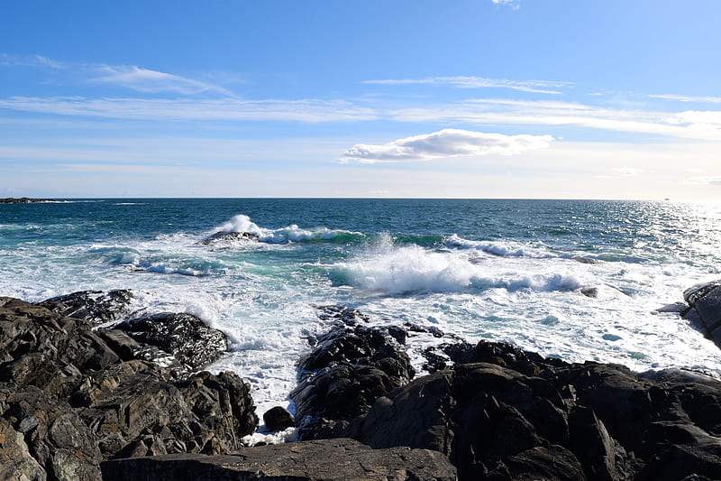 coast, rocks, sea, waves, horizon, HD wallpaper