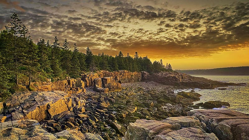 Acadia National Park, Maine, trees, colors, clouds, sky, atlantic, sunset, usa, coast, landscape, stones, HD wallpaper
