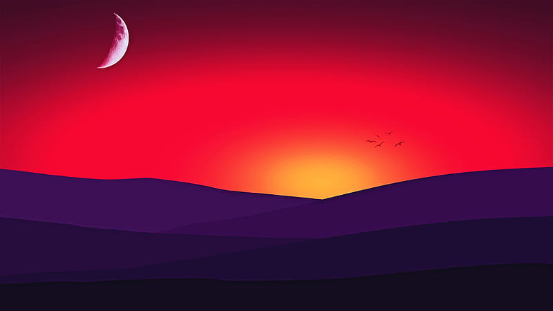 Sunset, red, moon, orange, fantasy, moon, half, purple, vector, HD wallpaper