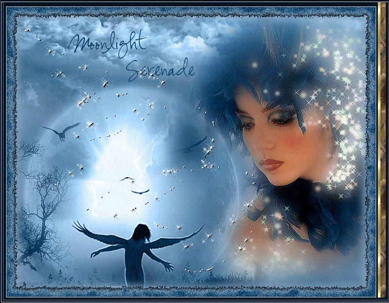 MOONLIGHT SERENADE, moon, female, angel, birds, serenade, clouds, blue, light, HD wallpaper